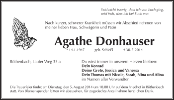 Traueranzeige von Agathe Donhauser von Pegnitz-Zeitung
